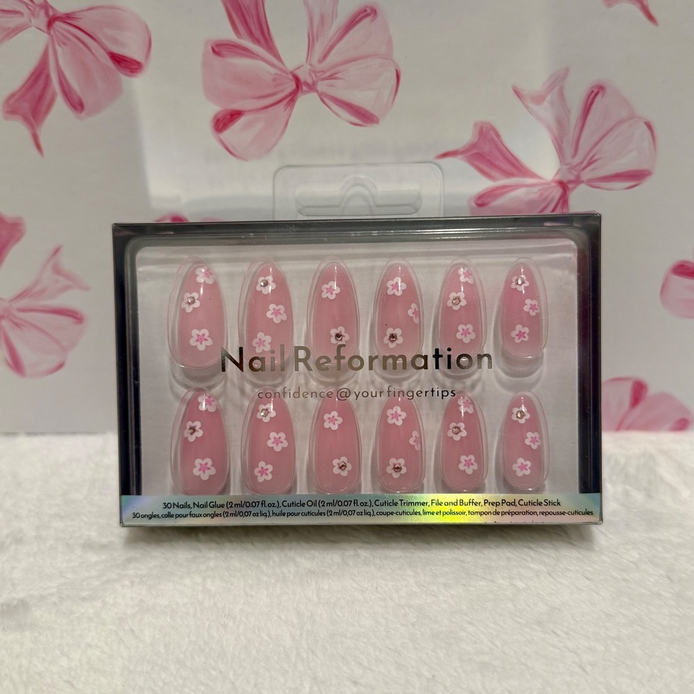 Nail Reformation Pink Floral False Nails Almond Shape‎ Full Cover Press On Nails